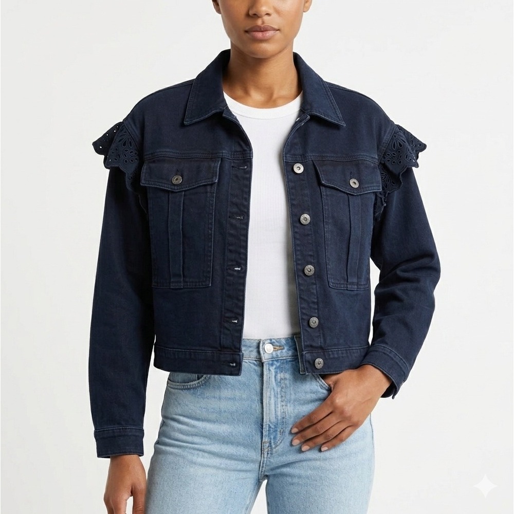 SOMETHING NAVY Womens Celeste Denim Jean Jacket‎ Size Small Lace Ruffle Cropped